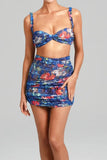 Blue Floral Print Bra Top & Ruched Skirt Co-ord