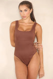 KATCH ME Brown Thick Straps Ribbed Shaping Bodysuit Bodysuit