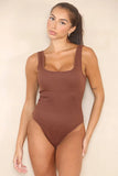 KATCH ME Brown Thick Straps Ribbed Shaping Bodysuit Bodysuit