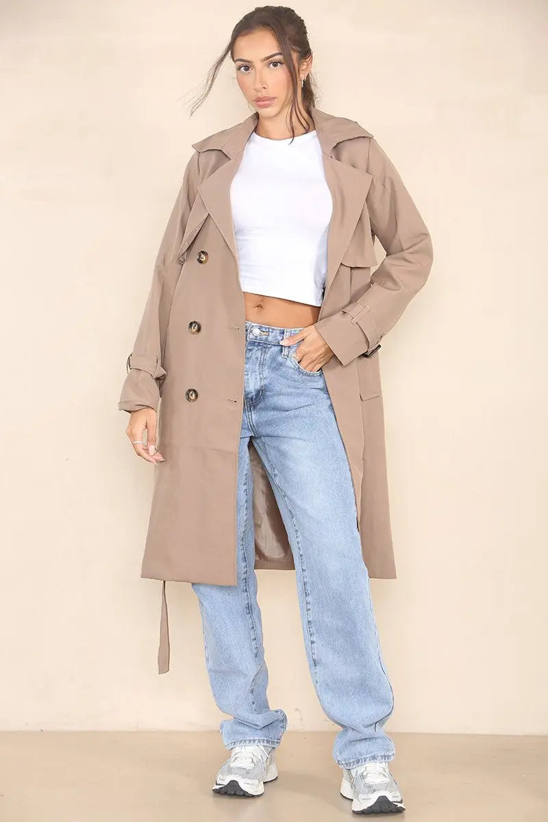 KATCH ME Coffee Notch Lapel Double Breasted Belt Decor Trench Coat Coat