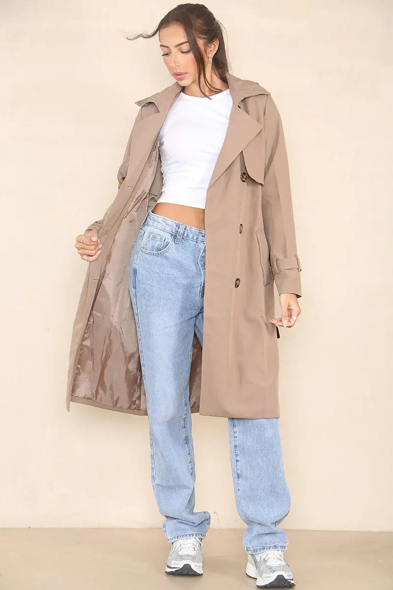 KATCH ME Coffee Notch Lapel Double Breasted Belt Decor Trench Coat Coat