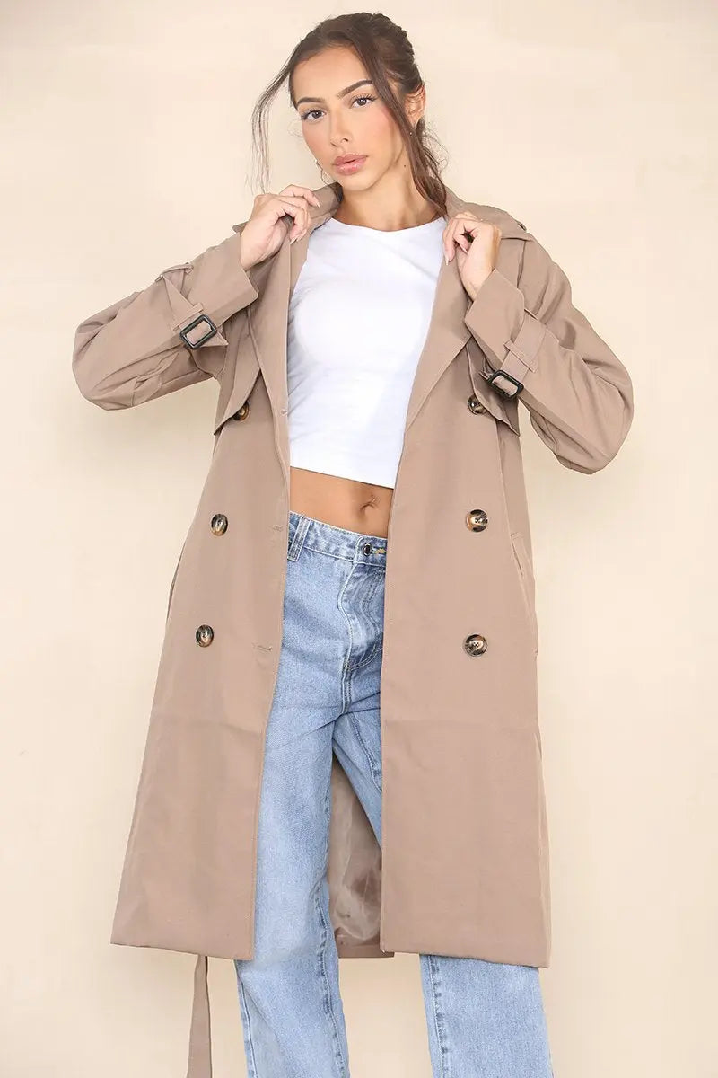 KATCH ME Coffee Notch Lapel Double Breasted Belt Decor Trench Coat Coat