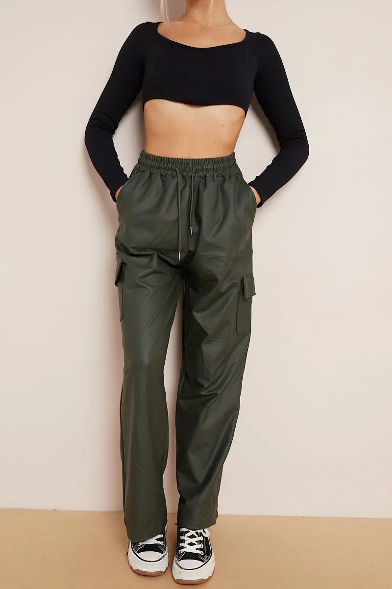 KATCH ME Dark Green Wide Leg Pockets PU Cargo Pants Trousers
