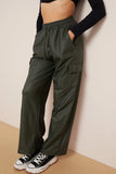 KATCH ME Dark Green Wide Leg Pockets PU Cargo Pants Trousers