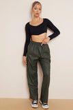 KATCH ME Dark Green Wide Leg Pockets PU Cargo Pants Trousers