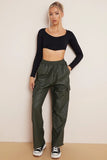 KATCH ME Dark Green Wide Leg Pockets PU Cargo Pants Trousers