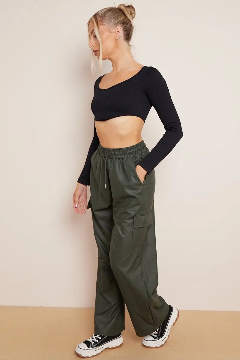 KATCH ME Dark Green Wide Leg Pockets PU Cargo Pants Trousers