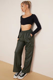 KATCH ME Dark Green Wide Leg Pockets PU Cargo Pants Trousers