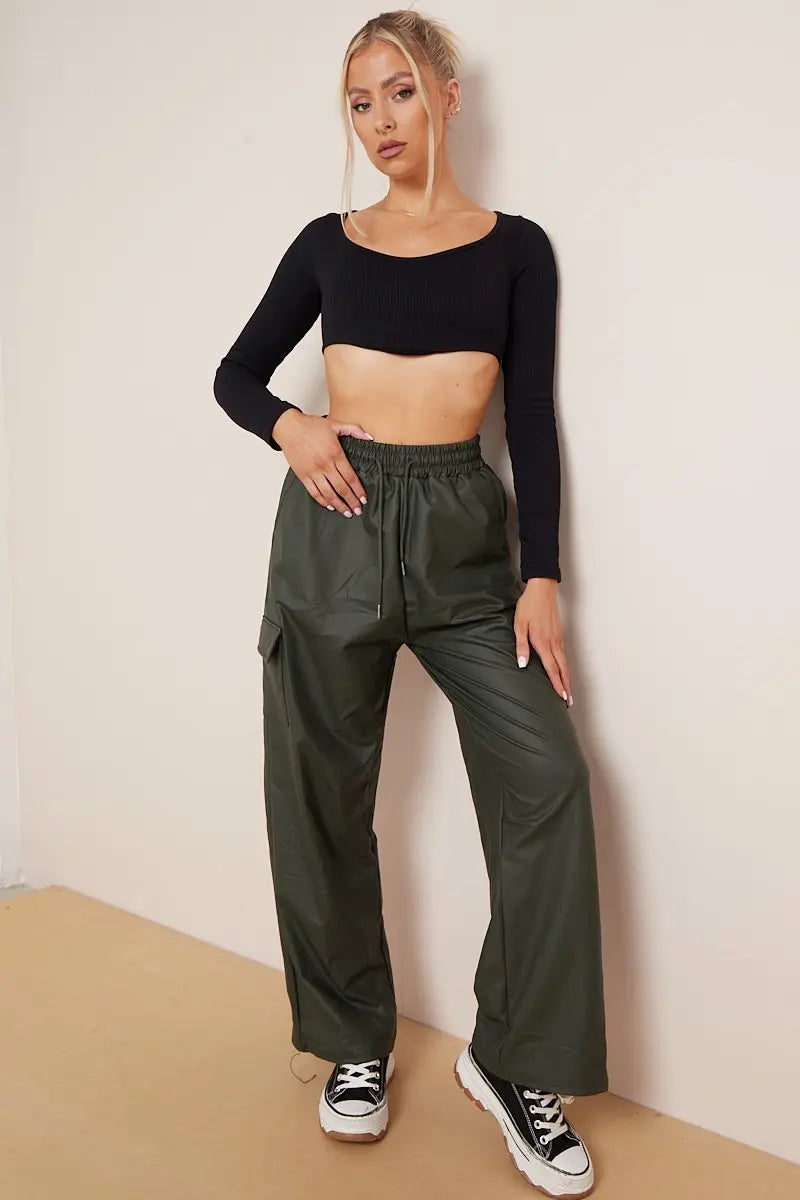 KATCH ME Dark Green Wide Leg Pockets PU Cargo Pants Trousers