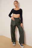 KATCH ME Dark Green Wide Leg Pockets PU Cargo Pants Trousers