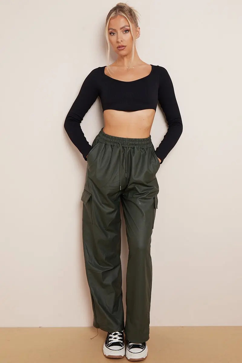 KATCH ME Dark Green Wide Leg Pockets PU Cargo Pants Trousers