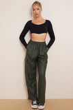 KATCH ME Dark Green Wide Leg Pockets PU Cargo Pants Trousers