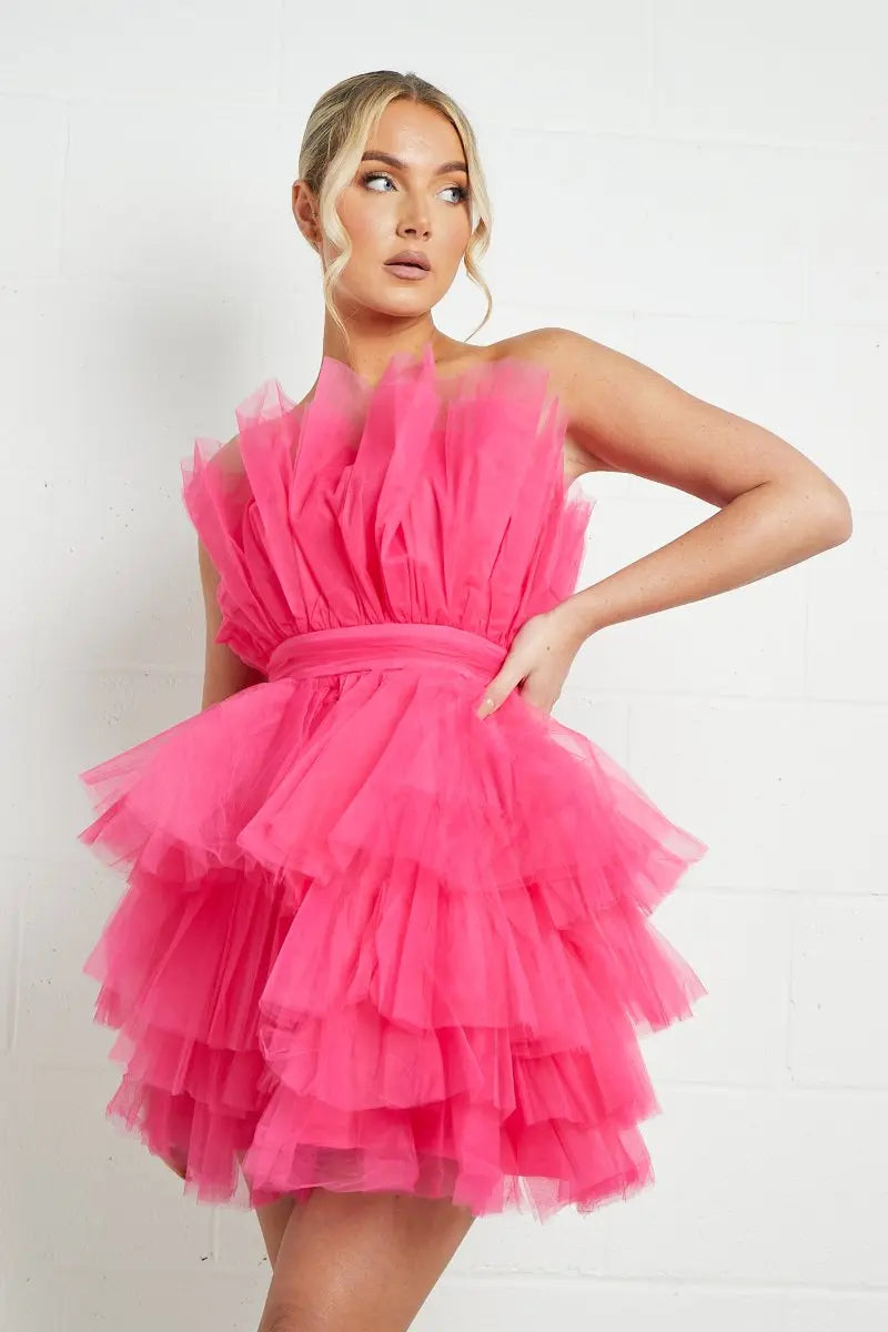 KATCH ME Pink Chiffon Frill Tiered Dress Dress 37.99