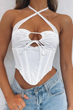 White Hollow Out Halter Fishbone Top