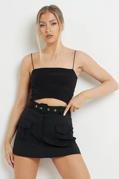 Black High Waist Pockets Belt Decor Skort KATCH ME