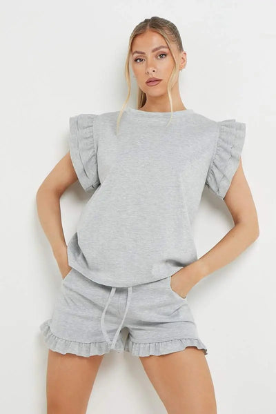 Grey Ruffle Sleeve Crop Top Shorts Bodycon Co ord KATCH ME