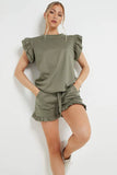 KATCH ME Women's Solid Color Ruffle Sleeve Crop Top & Shorts Bodycon Co-ord 2PCS CO-ord