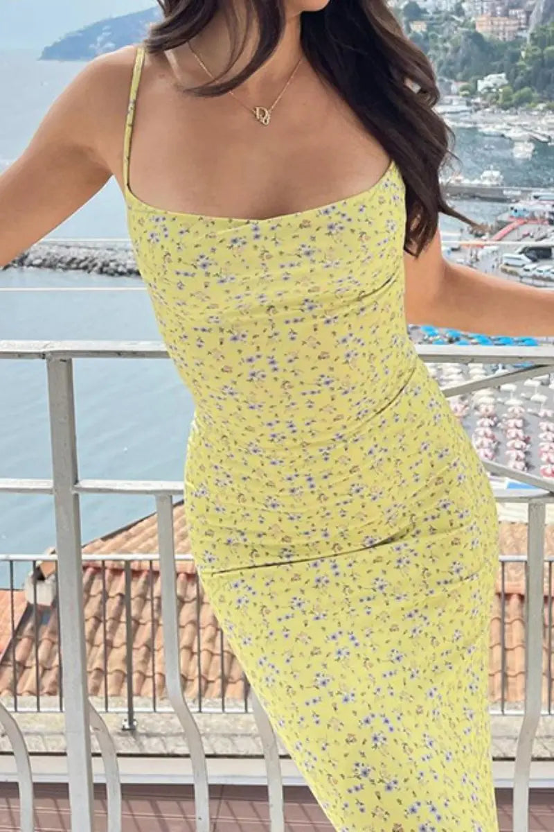 KATCH ME Yellow Floral Print Spaghetti Straps Backless Maxi Dress Dress