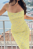 KATCH ME Yellow Floral Print Spaghetti Straps Backless Maxi Dress Dress