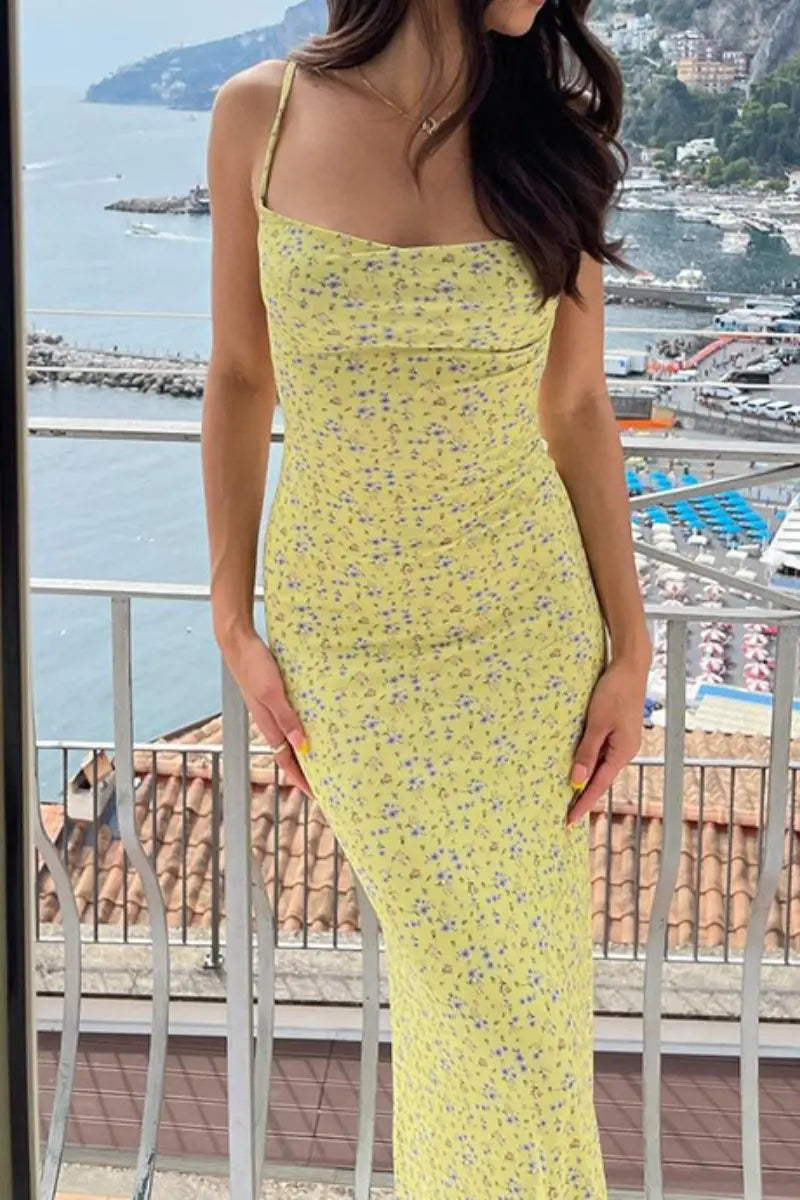 KATCH ME Yellow Floral Print Spaghetti Straps Backless Maxi Dress Dress