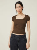 KATCH ME Women's Versatile Plain Square Neck Short Sleeve Slim Crop Top Tops 23.00