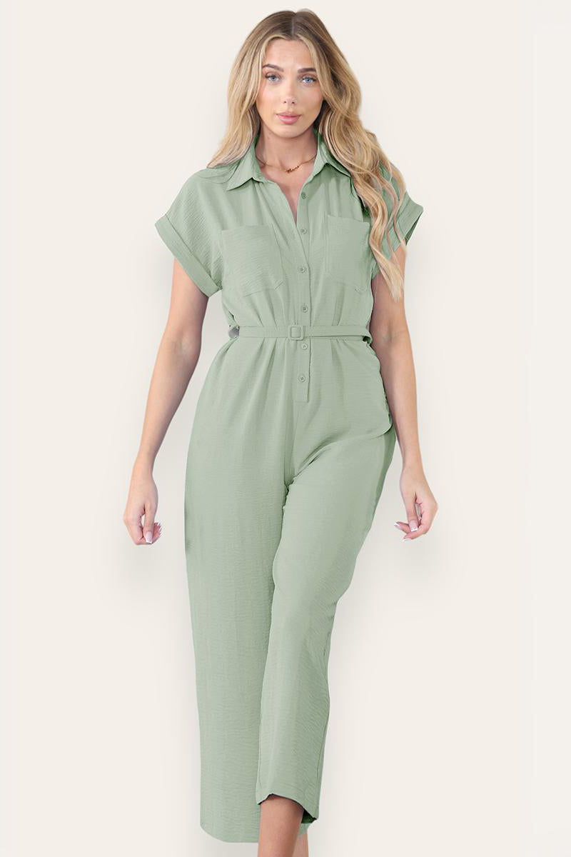 Collared Neck Partial Button Jumpsuit With Matching Belt