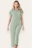 Collared Neck Partial Button Jumpsuit With Matching Belt