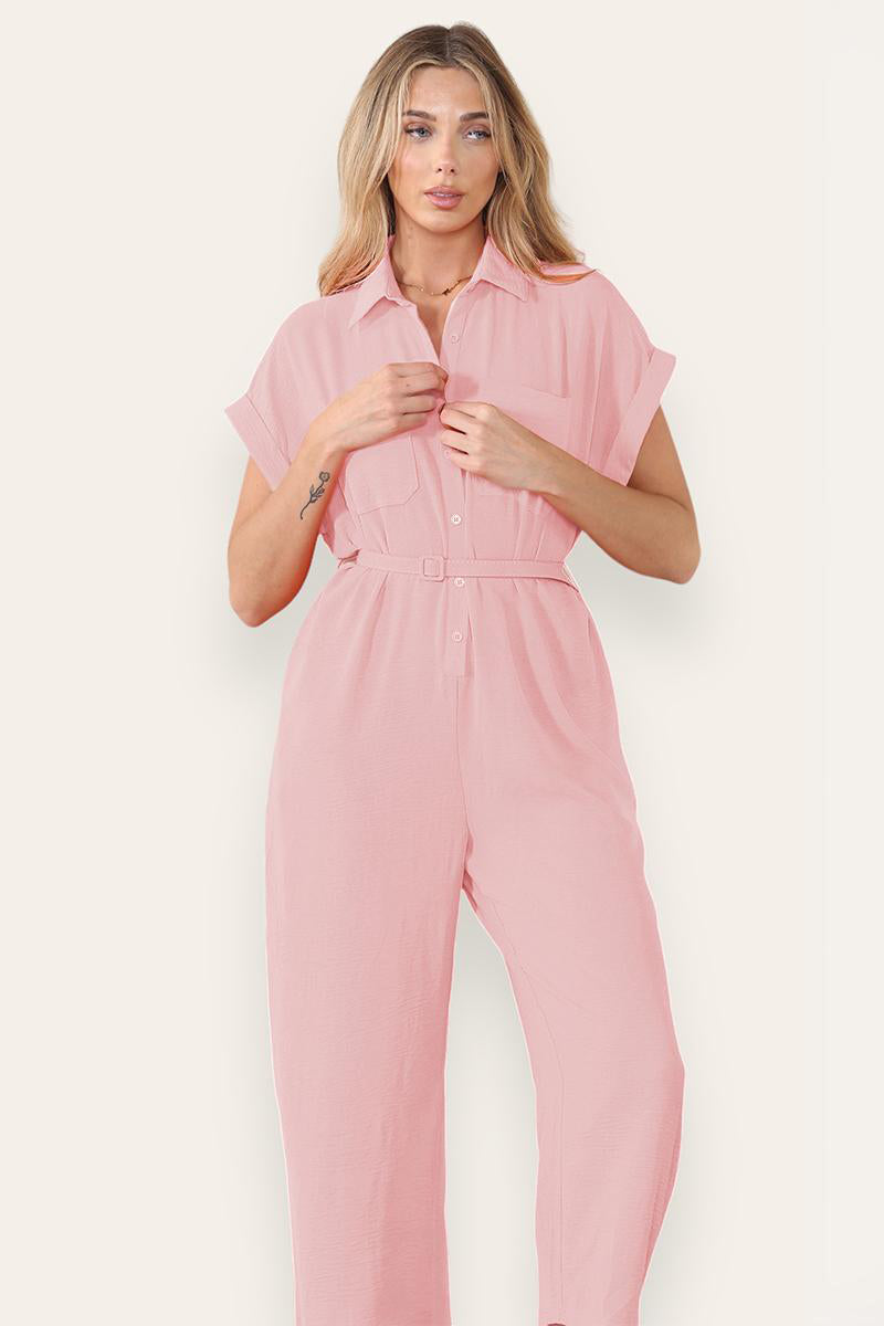 Collared Neck Partial Button Jumpsuit With Matching Belt
