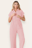 Collared Neck Partial Button Jumpsuit With Matching Belt