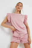 Trendy Ruffle Sleeve Loose Top & Drawstring Waist Shorts Co-ord