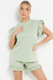 Trendy Ruffle Sleeve Loose Top & Drawstring Waist Shorts Co-ord