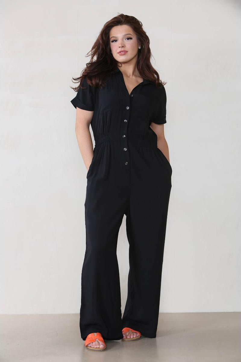 Trendy Partial Button Ruched Pocket Short Sleeve Jumpsuit