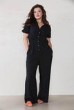 Trendy Partial Button Ruched Pocket Short Sleeve Jumpsuit