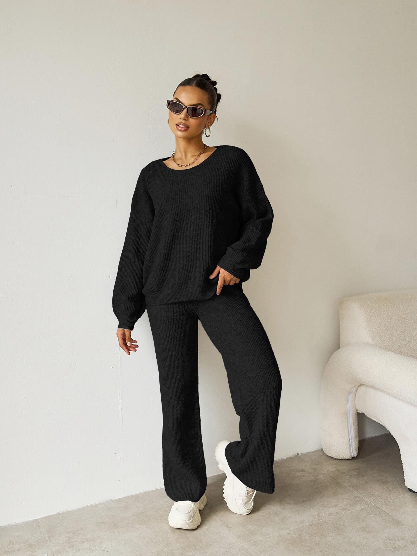 Women's Black Cozy Knit Scoop Neck Long Sleeve Loose Top & Stretch Trousers Co-ord