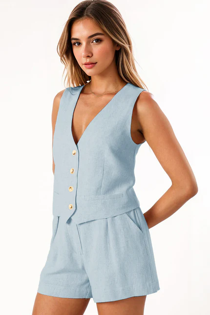 KATCH ME Casual V Neck Button Tank & Wide Leg Shorts Co-ord Co-ord