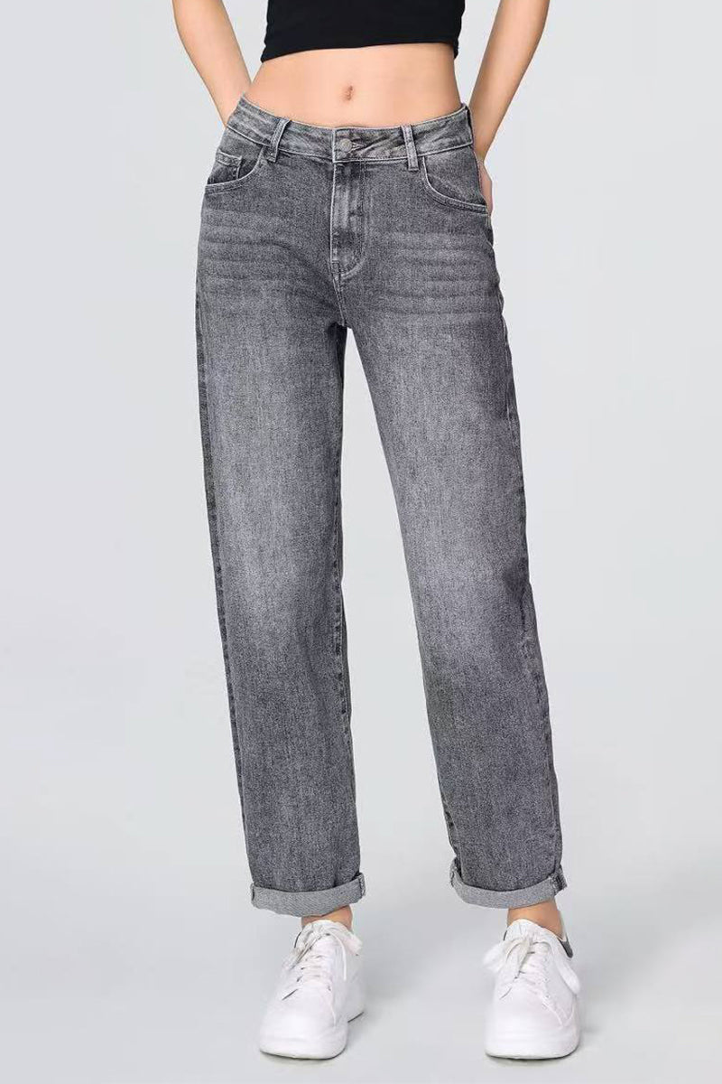 Mid-Rise Wide-Leg Jeans Roll Cuff Vintage Multi-Pocket Street Style