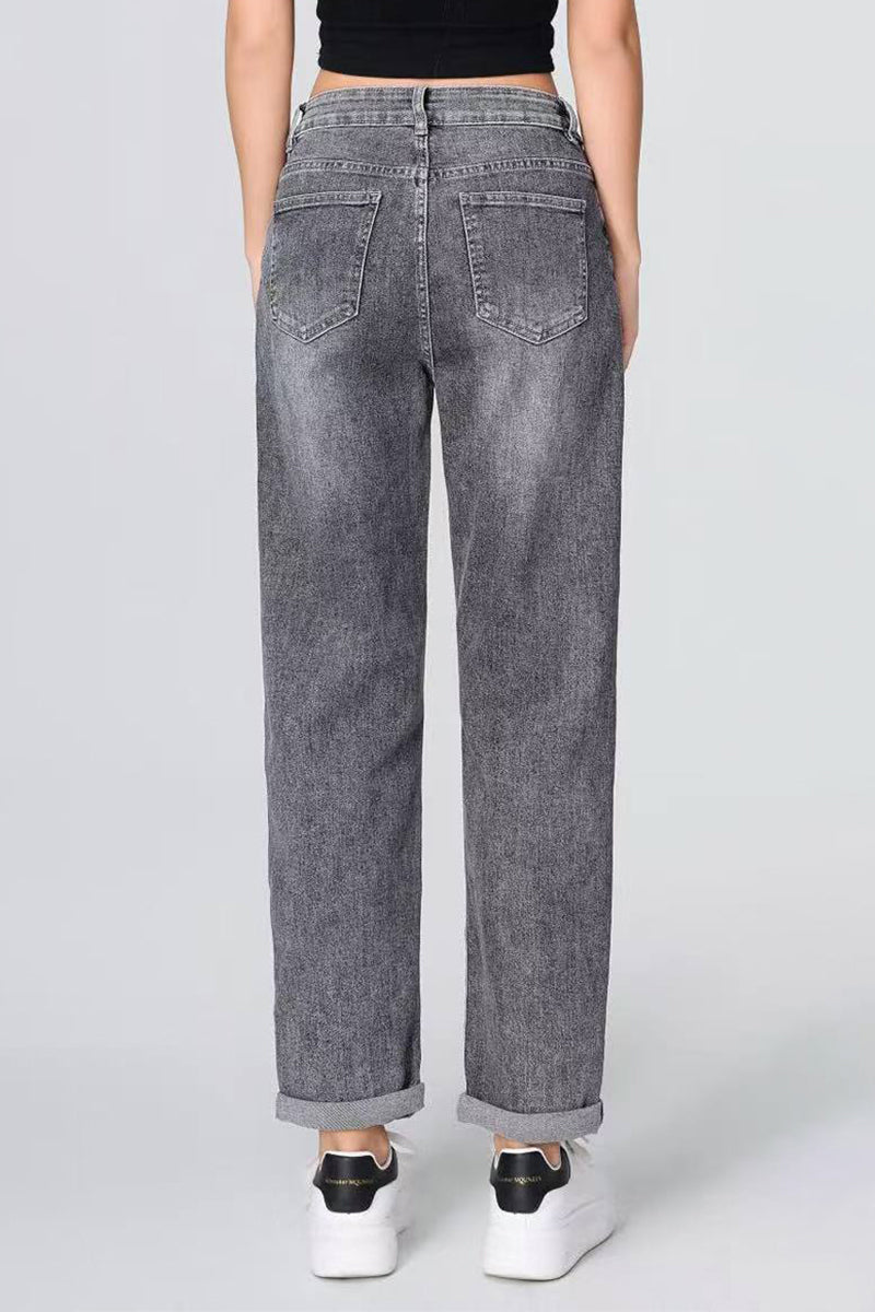 Mid-Rise Wide-Leg Jeans Roll Cuff Vintage Multi-Pocket Street Style