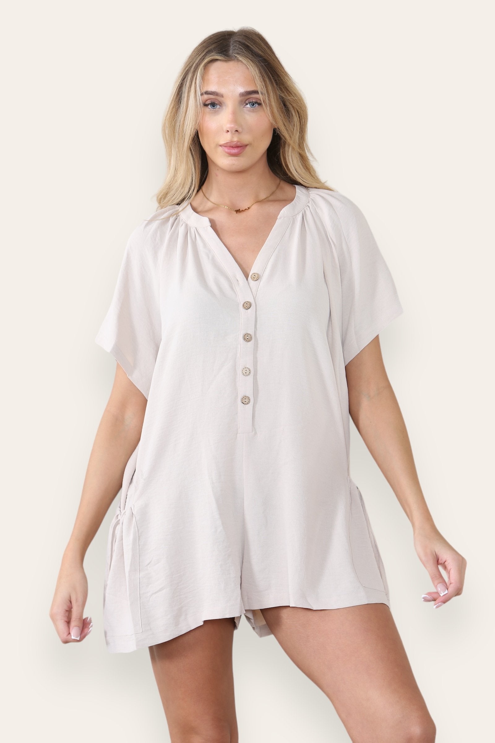 KATCH ME Women's Plain V Neck Partial Button Baggy Pocket Playsuit Playsuit 19.00