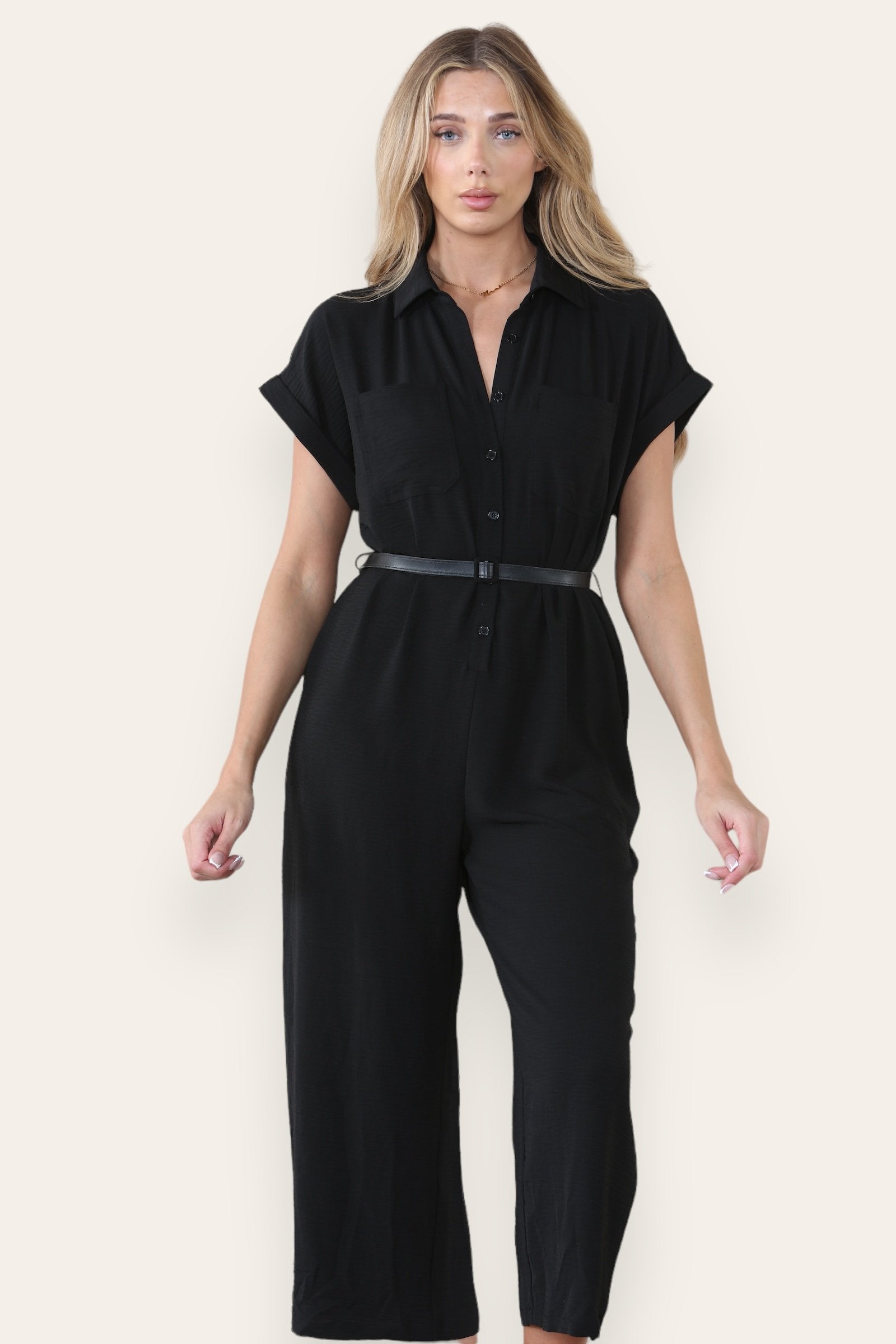 KATCH ME Women's Collared Neck Partial Button Slim-Fitting Jumpsuit With Matching Belt Jumpsuit