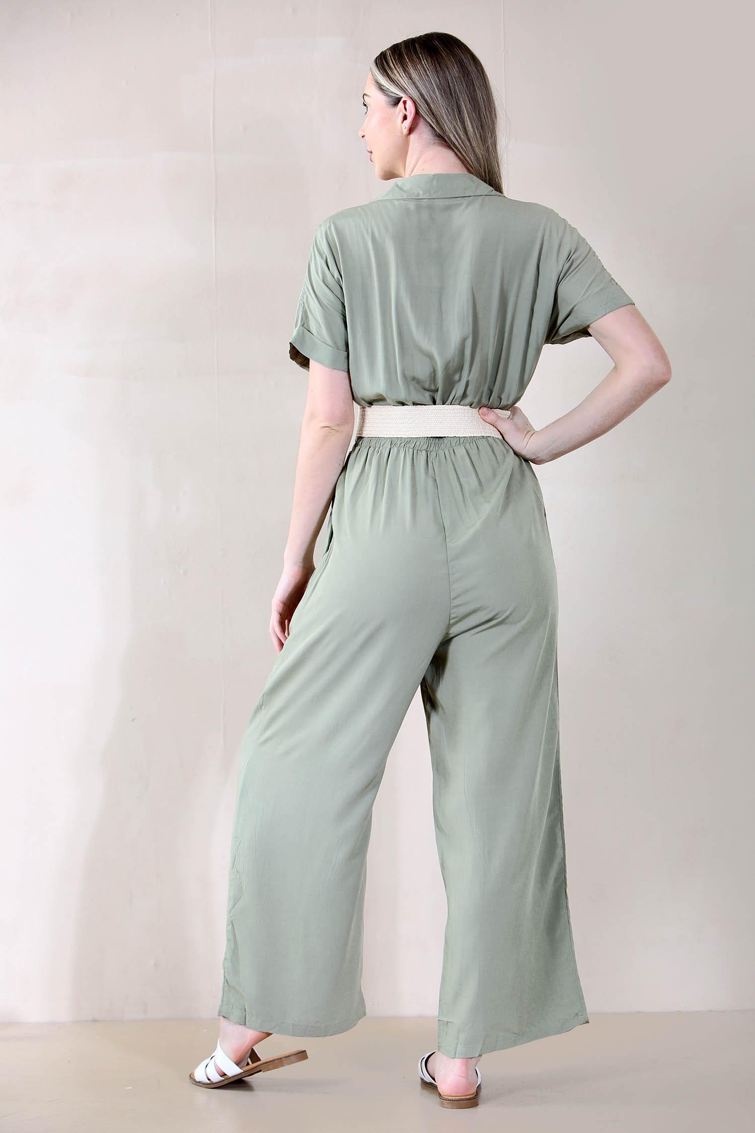 KATCH ME Women's Trendy Partial Button Ruched Thin Waist Pocket Short Sleeve Jumpsuit Jumpsuit