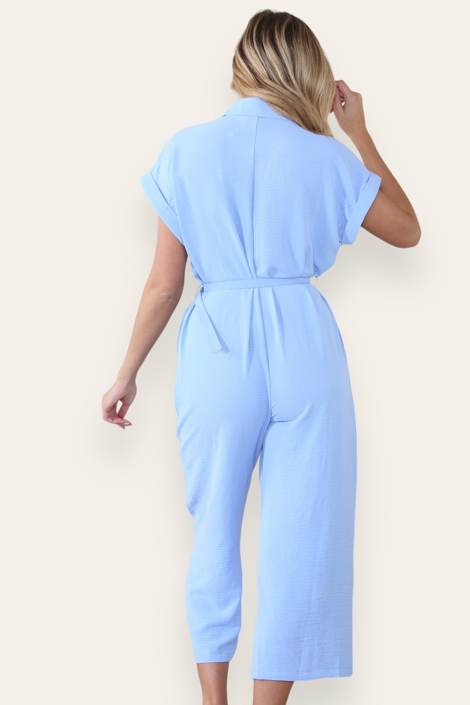 KATCH ME Women's Collared Neck Partial Button Slim-Fitting Jumpsuit With Matching Belt Jumpsuit