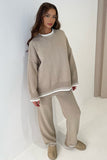 KATCH ME Taupe Chic Loungewear Wavy Edge Round Neck Pullover & Wide Leg Pants Co-ord Co-ord