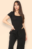 KATCH ME Black Trendy Square Neck Shaping Bodysuit & High Waist Wide Leg Trousers Co-ord Co-ord