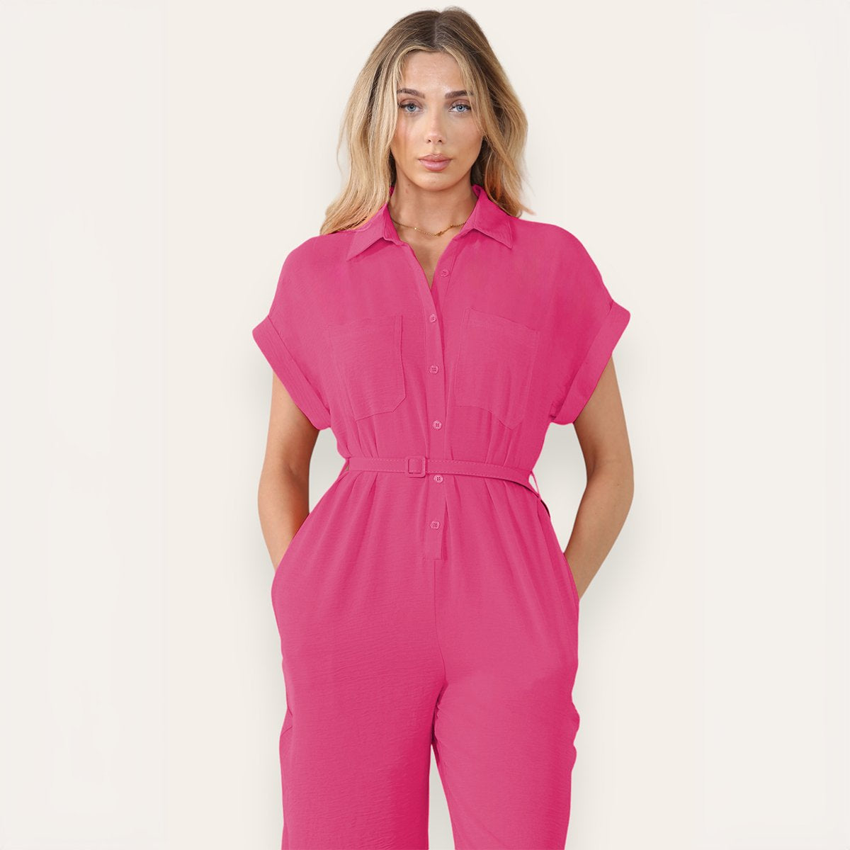 KATCH ME Women's Collared Neck Partial Button Slim-Fitting Jumpsuit With Matching Belt Jumpsuit 24.99