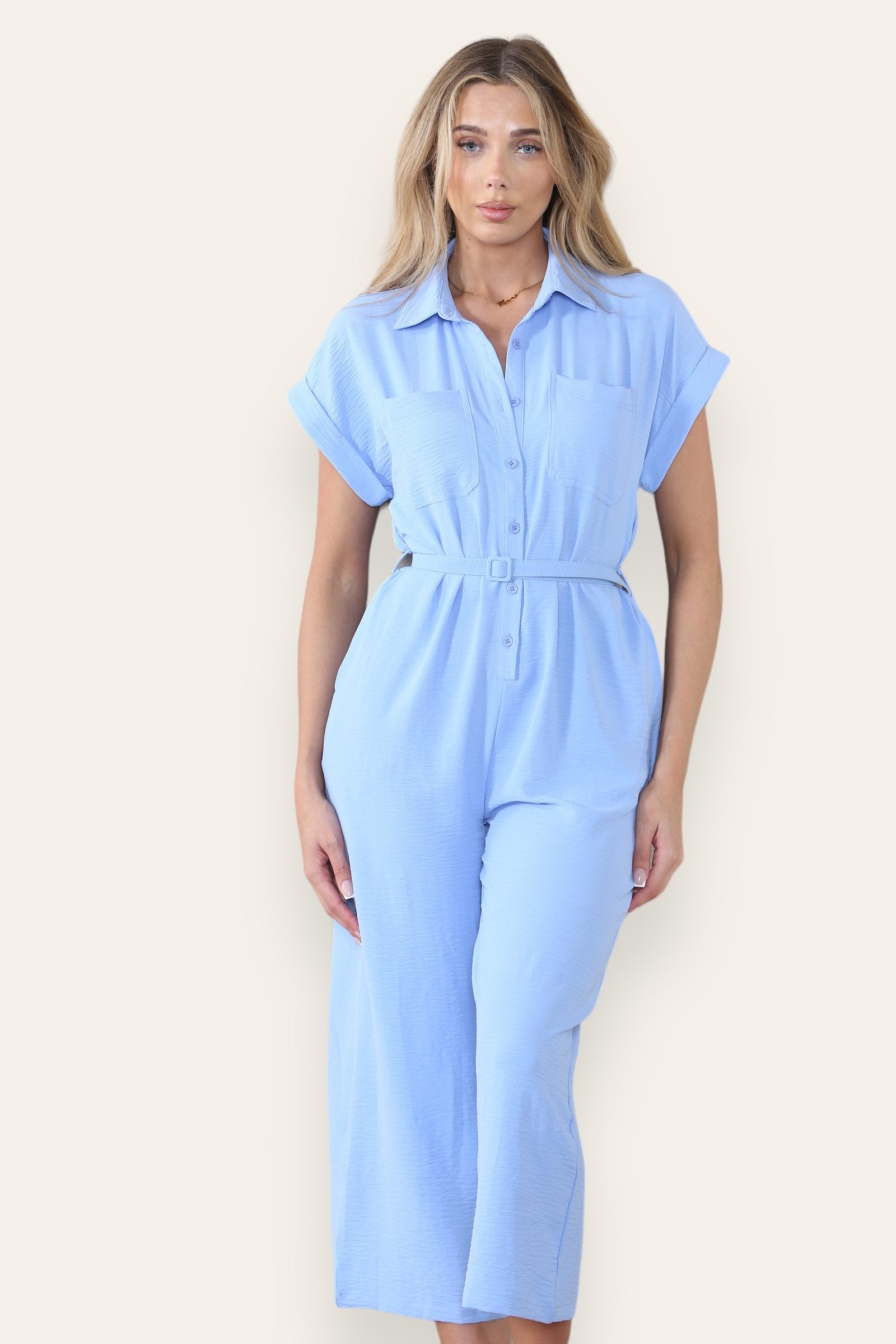 KATCH ME Women's Collared Neck Partial Button Slim-Fitting Jumpsuit With Matching Belt Jumpsuit