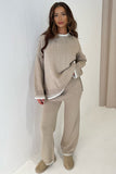 KATCH ME Taupe Chic Loungewear Wavy Edge Round Neck Pullover & Wide Leg Pants Co-ord Co-ord