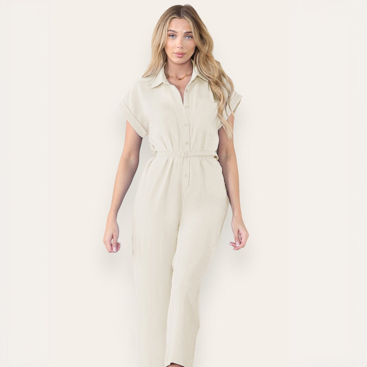 KATCH ME Women's Collared Neck Partial Button Slim-Fitting Jumpsuit With Matching Belt Jumpsuit