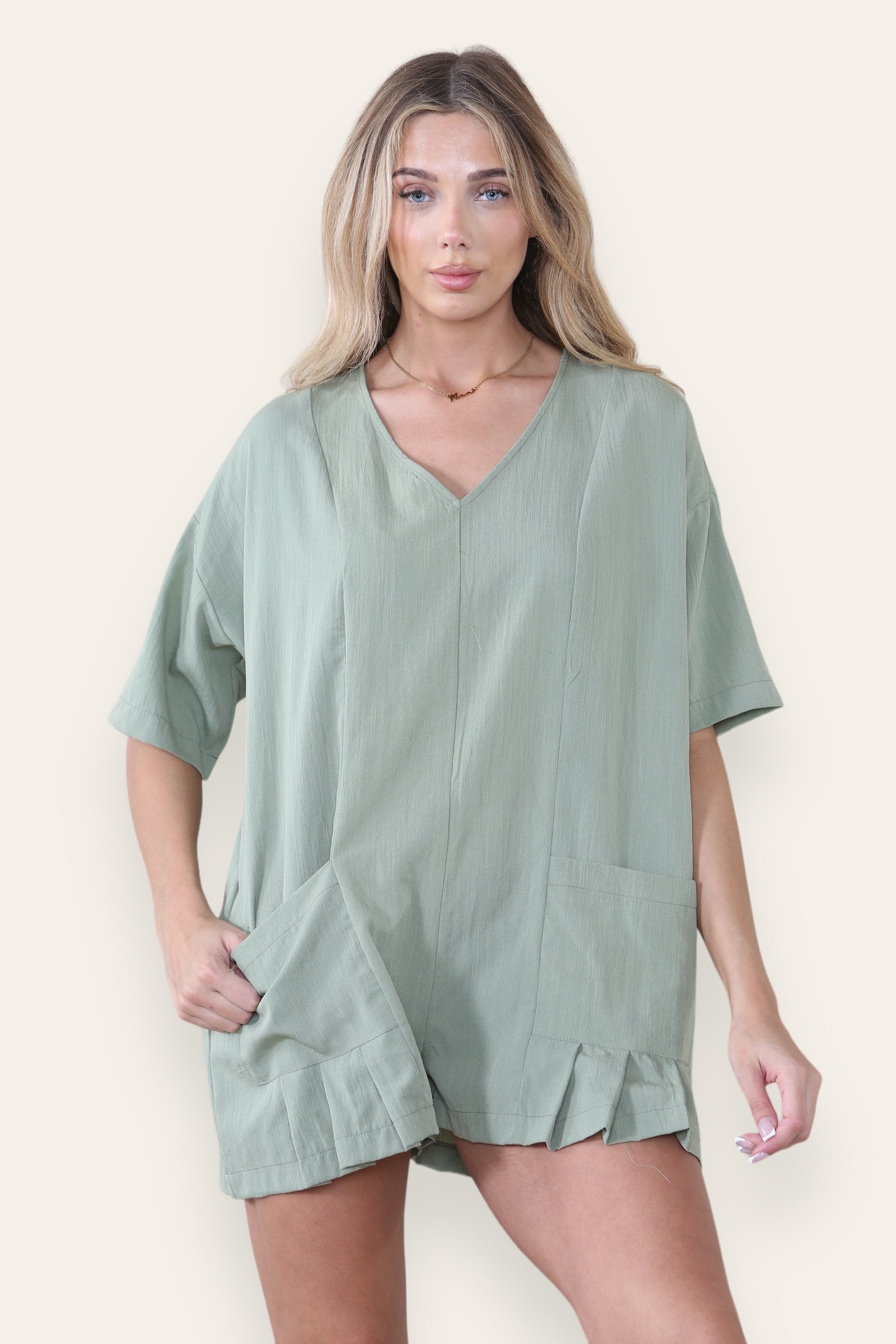 KATCH ME Women's Casual Plain V Neck Half Sleeve Side Pocket Loose Playsuit Playsuit 19.99