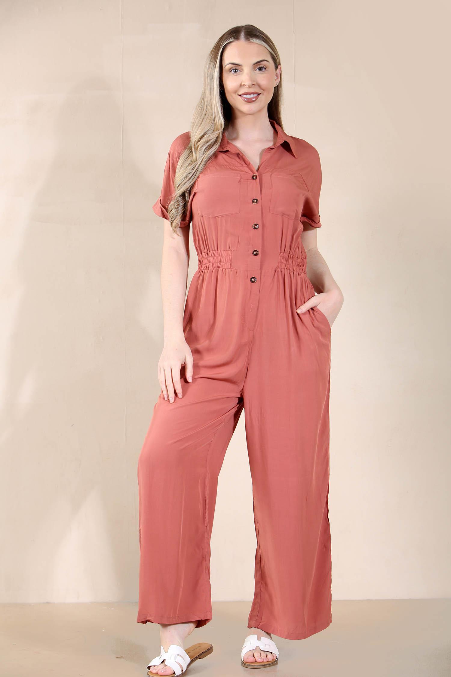 KATCH ME Women's Trendy Partial Button Ruched Thin Waist Pocket Short Sleeve Jumpsuit Jumpsuit 27.00