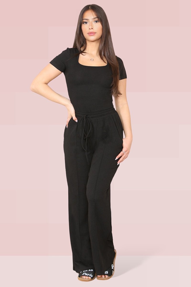 KATCH ME Black Trendy Square Neck Shaping Bodysuit & High Waist Wide Leg Trousers Co-ord Co-ord